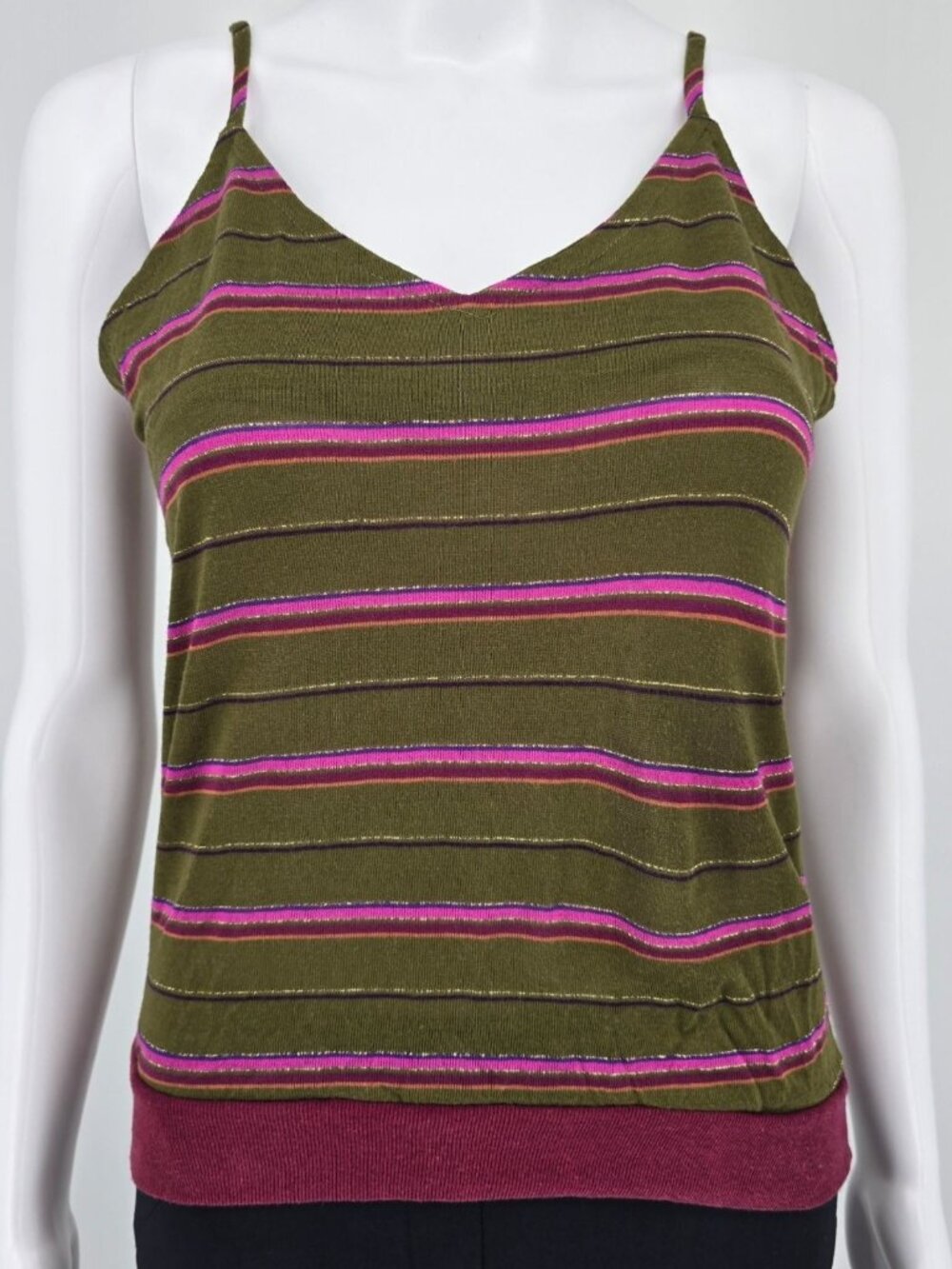 Vintage 1970s Olive Green Metallic Striped Spaghetti Strap Disco Tank Top (S)